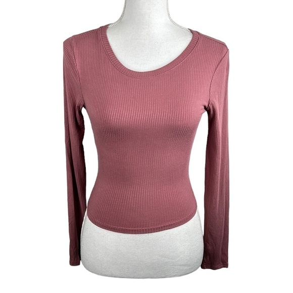 Bozzolo Mauve Ribbed Cropped Long Sleeve Crewneck Top Size Small - Picture 1 of 5